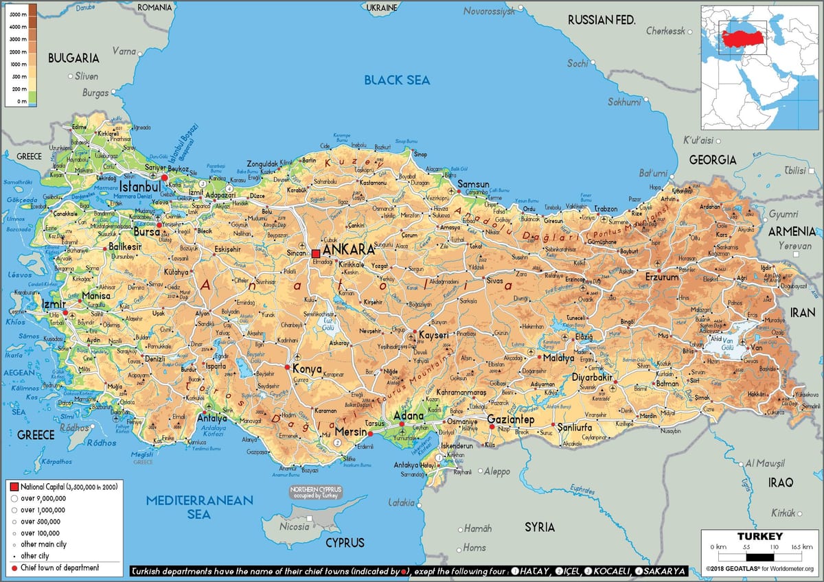 mappa della Turchia fisico