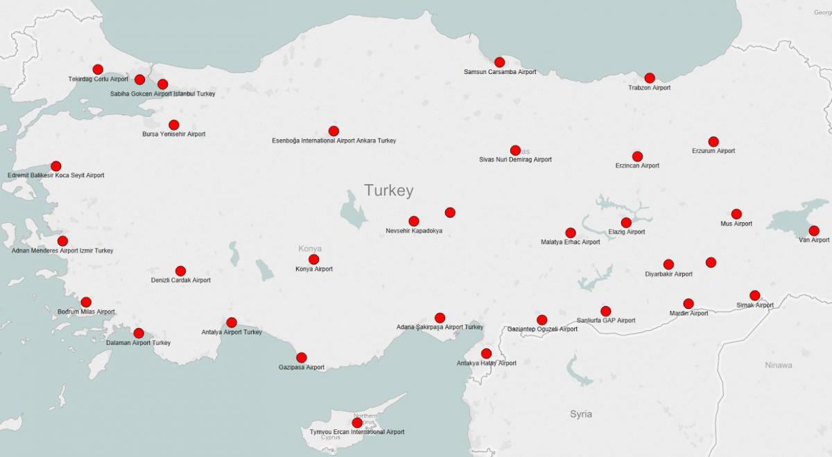 mappa della Turchia mostrando aeroporti