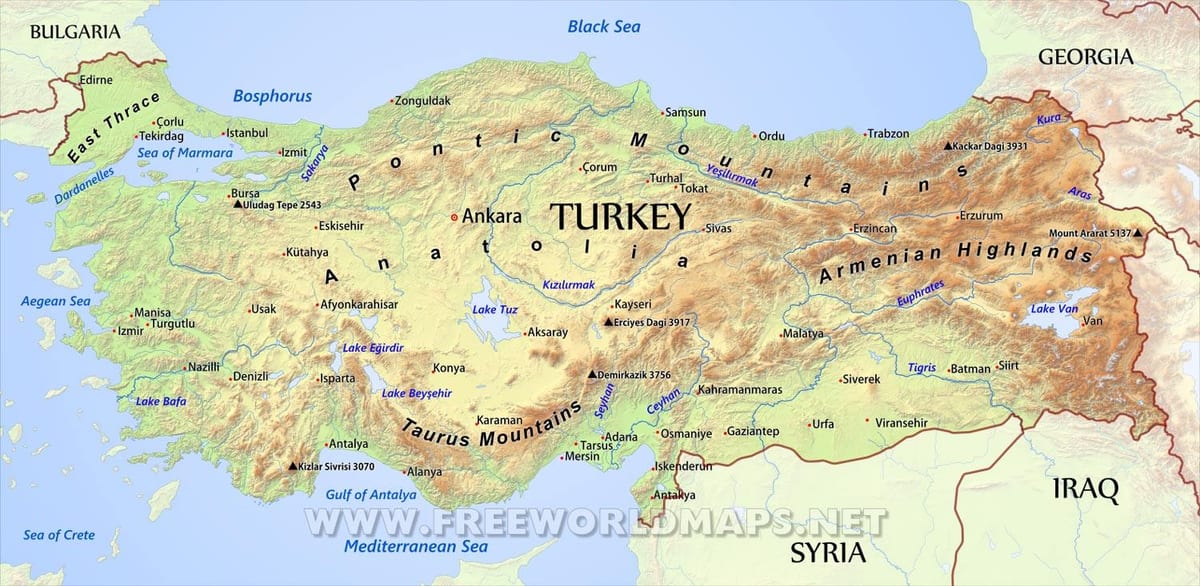 mappa della Turchia montagna